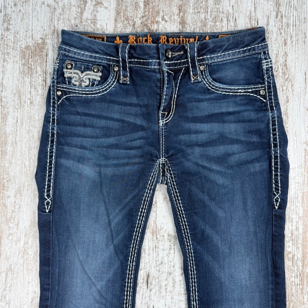 Rock Revival Betty Low Rise Bootcut Jeans Dark Wash Contrast Stitch Sz 27 Bling - Picture 12 of 13